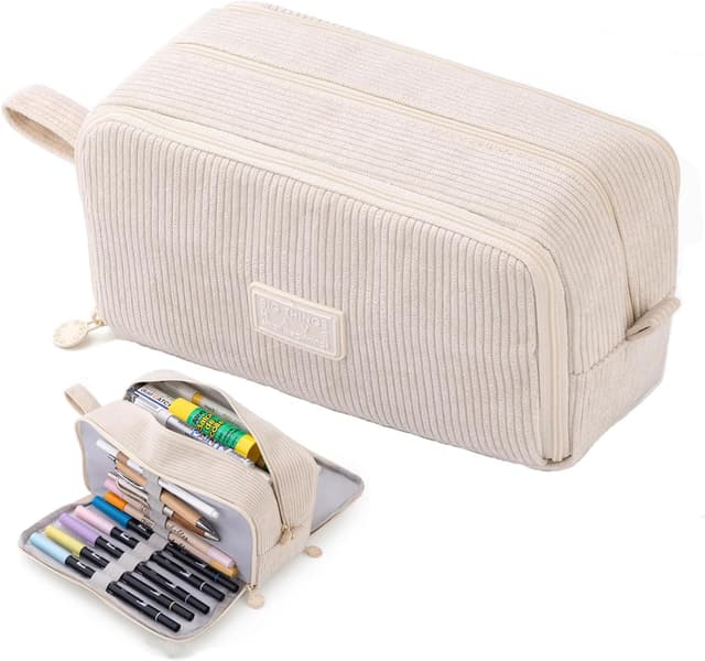 Detalle de VICDUEKG Federmäppchen aus Cord-Stoff mit 3 Fächern, Große Kapazität 📐 Wait