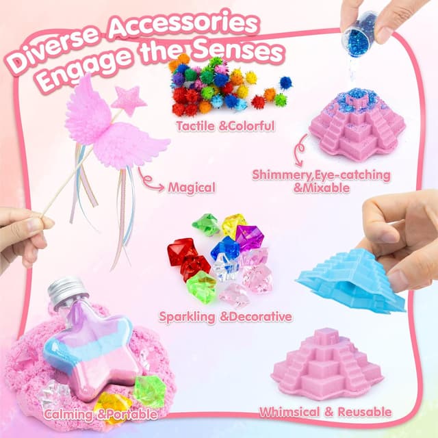 Detalle 2 de snookids Einhorn-Sandspielzeug-Set mit Himmelssand, 24 Formen & Aufbewahrungsbox (690 g)