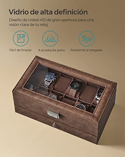 Detalle de SONGMICS JWB012K01: caja de reloj de 2 niveles con tapa de cristal para 12 relojes