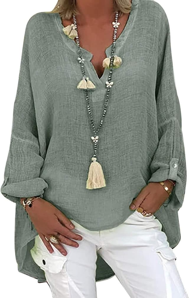 Detalle de Leinenbluse Damen Musselin Tunika-Longbluse mit V-Ausschnitt (60% Leinen + 40% Rayon), Oversize für Sommer & große Größen