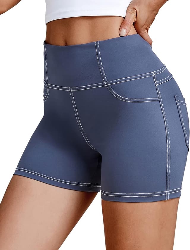 Detalle de VOOVEEYA 5"/8" High-Waisted Yoga Biker Shorts with Pockets for Women