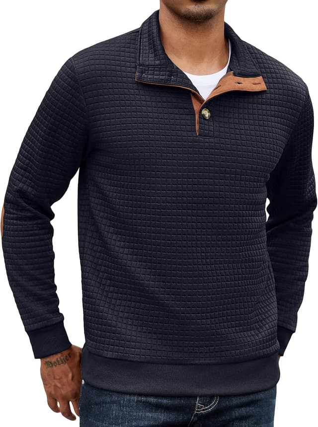 Detalle de COOFANDY Winter Sweatshirt für Herren mit Waffel-Struktur, Kragen mit Knöpfen und langem Arm