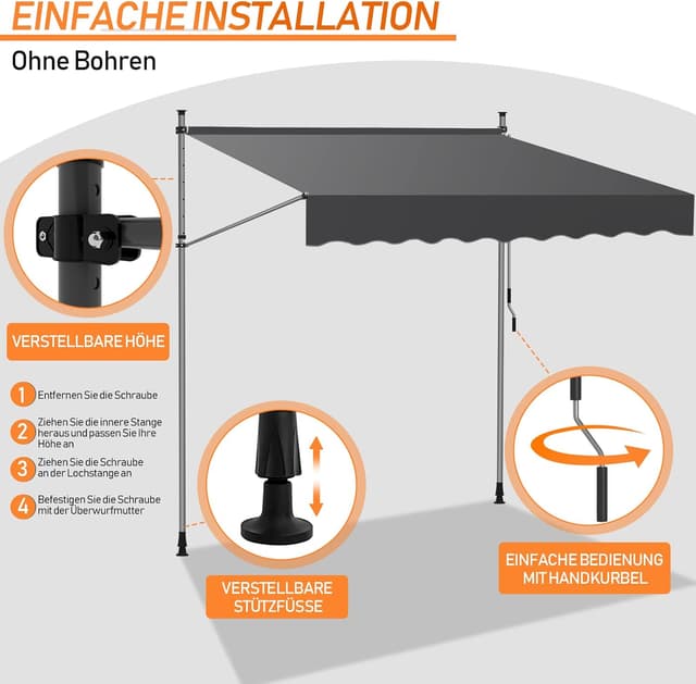 Detalle de Fiqops Klemmmarkise Balkon höhenverstellbar 300×120×200–300 cm grau – ohne Bohren