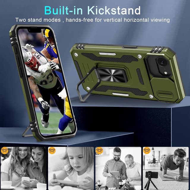 Detalle 2 de DEERLAMN Case for iPhone 17e / iPhone 16e 6.1-inch with Slide Camera Cover, Rotated Ring Kickstand (2-Pack Screen Protectors) - Olive Green