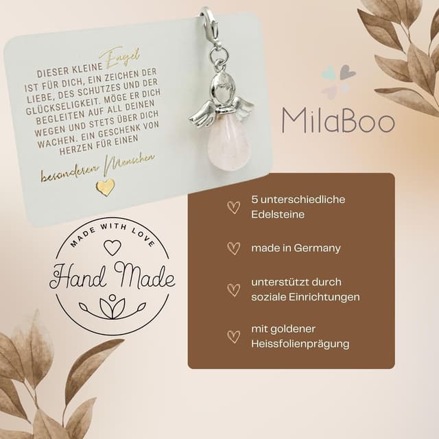 Detalle de Milaboo Schutzengel Schlüsselanhänger mit Edelstein und Karte – handgefertigt in Geschenkverpackung