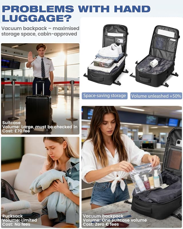 Detalle de SZLX zaino da cabina con compressione sottovuoto e porta USB (40x30x20) per Ryanair/Wizz Air