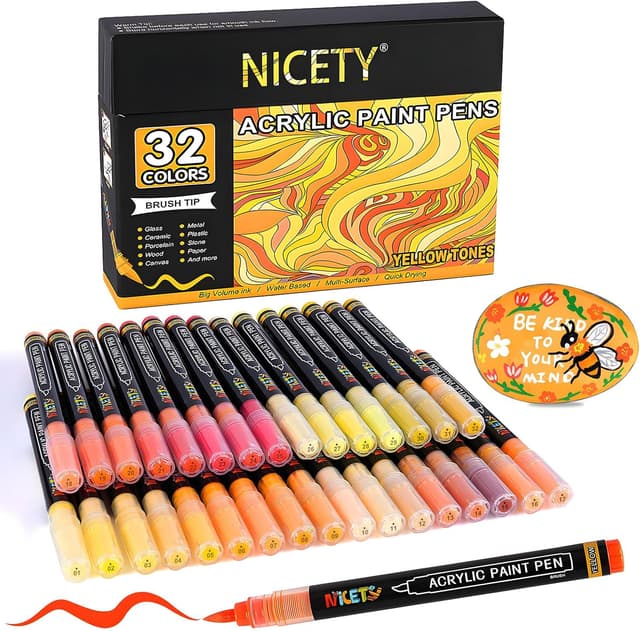 Detalle de NICETY 32 Colour Yellow Acrylic Paint Pens (1–5mm) – Water-Based Acrylic Markers with Brush Tip