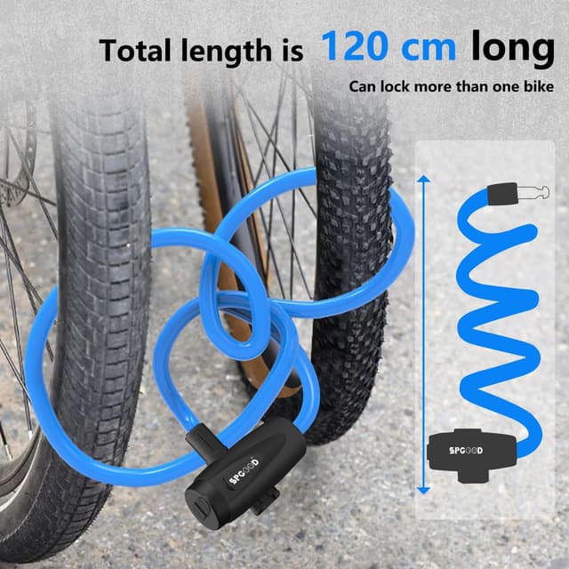 Detalle de SPGOOD Spiralkabelschloss 120 cm / 12 mm – Sicherheitsstufe sehr hoch mit 2 Schlüsseln (blau)