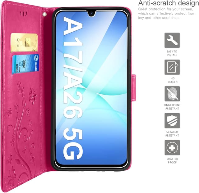 Detalle de AROYI Lederhülle für Samsung Galaxy A17 5G / A26 5G inkl. Schutzfolie & Stylus – Rosenrot (Flip Wallet Case)