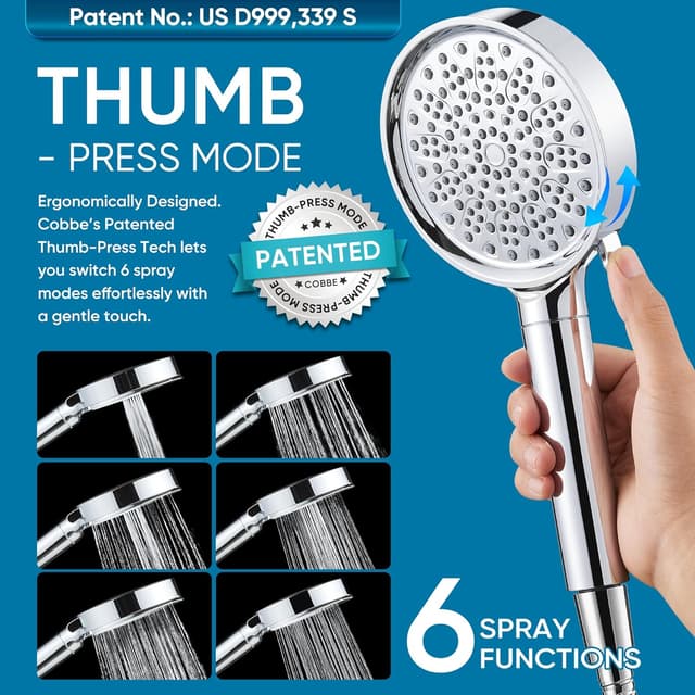 Detalle de Cobbe Filtered Shower Head with Handheld (6 Spray Modes, KDF-55 Media, Chrome)