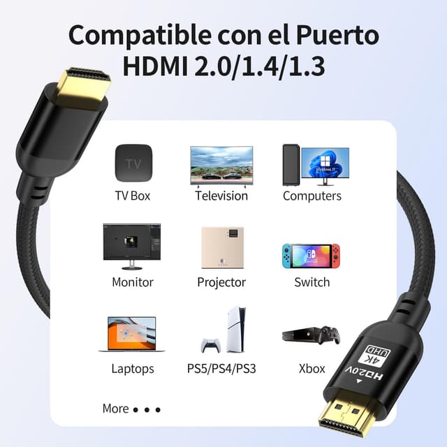 Detalle de Diyanisly Câble HDMI 2.0 4K 7 m (tressé) : 4K@60 Hz, 2K@120 Hz, HDR dynamique, ARC