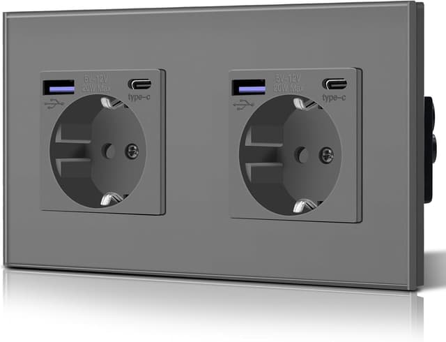 Detalle de BSEED Steckdose aus Glas mit 20W USB‑C (3‑in‑1) Unterputz-Wandsteckdose, 240V/16A, 2‑fach grau
