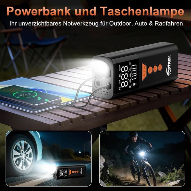 Thumbnail 6 de toptrek Elektrische Luftpumpe (150 PSI) kabellose Akku-Fahrradpumpe mit LED, Powerbank-Funktion & USB‑C