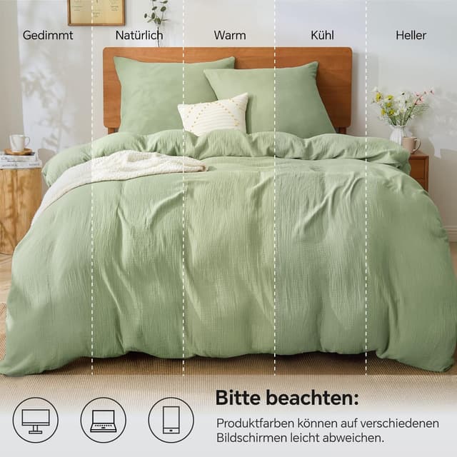 Detalle 2 de BEDELITE Musselin-Bettwäsche 135x200 aus Baumwolle (2-teilig, Reißverschluss) in Hellgrün