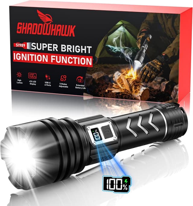 Detalle de Shadowhawk S1989 LED-Taschenlampe, 6000-mAh Akku, aufladbar (USB-C), mit Zündfunktion für Survival & Outdoor