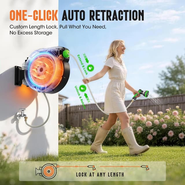 Detalle de Garden Hose Reel 2-in-1 Wall Mounted Portable Auto Rewind Hose Reel with 180° Swivel Bracket, Any Length Lock & 9-Pattern Nozzle (1/2in 30+2m)