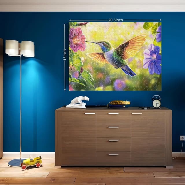Detalle de 300-Piece Puzzle for Adults: Spring Hummingbird Flowers Jigsaw, Recycled Paper, Glossy & Sturdy Large Pieces