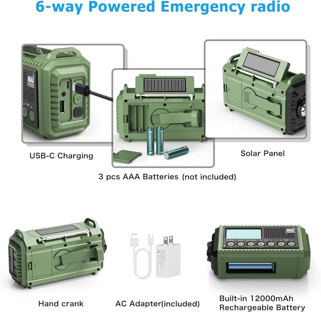 Detalle 2 de Eoxsmile NOAA Weather Radio 12000mAh Emergency Crank & Solar AM/FM Shortwave Radio (USB-C)