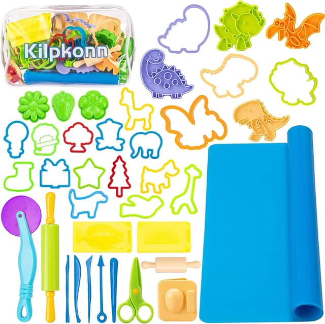 Detalle de Kids dough tools & cutters set (41 pieces) with rolling pin, moulds, scissors, play mat and storage bag