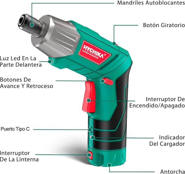 Detalle 2 de HYCHIKA Atornillador eléctrico 6 Nm, 3,6 V, 2 Ah