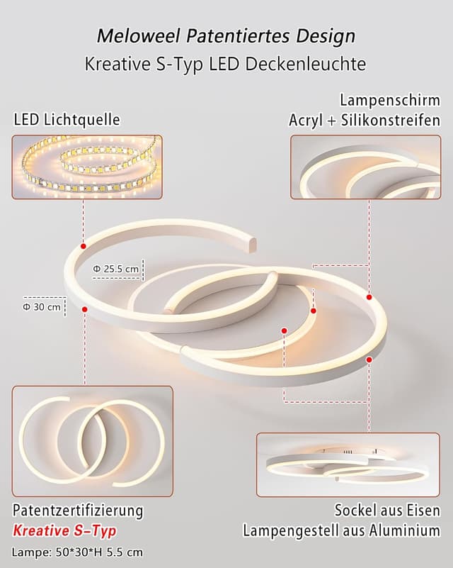 Detalle 2 de Meloweel LED-Deckenleuchte fürs Schlafzimmer (S-Form, 3000 K warmweiß) 32 W, 50 cm, 2 Ringe, nicht dimmbar