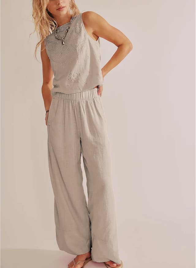 Detalle de SeeLuNa Linen Pants for Women — Cotton Baggy Boho Palazzo Pants with Pockets
