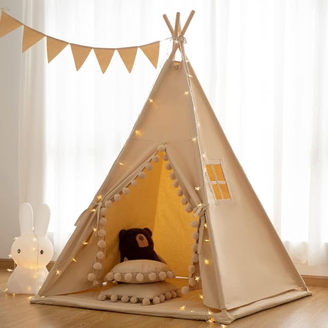 Detalle de RONGFA Kids Teepee Tent Indoor Play Cottage with Floor Mat, Star Light & Carry Bag