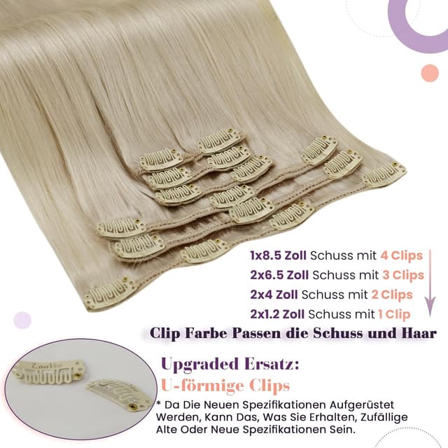 Detalle 2 de LaaVoo Clip-in Extensions Echthaar 55 cm, #613 hellblond – 7-tlg. Set mit Clips