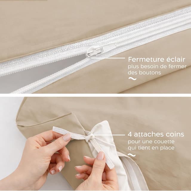 Detalle de Twinzen Parure de lit 140x200 cm en microfibre beige avec housse de couette et 1 taie 65x65 cm