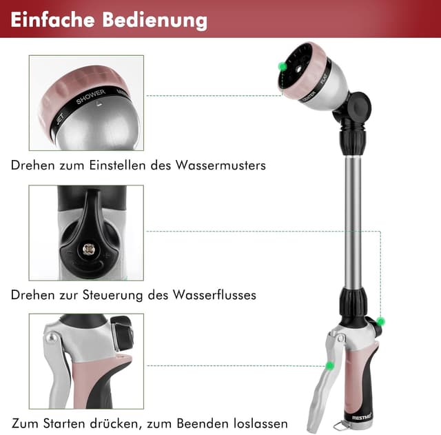 Detalle de RESTMO Garten-Gießstab aus Metall (42 cm) mit schwenkbarem Kopf und 7 Sprühbildern