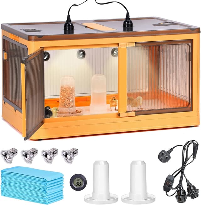 Detalle de MOGOULUA Chicken Brooder Box 115L Large Foldable Chick Brooder with Heat Lamps, Thermometer & Accessories