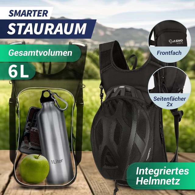Detalle 2 de SASMO Fahrradrucksack klein 6L (Schwarz) mit Thermofach & Helmnetz – ultraleicht, wasserdicht mit Regenschutz