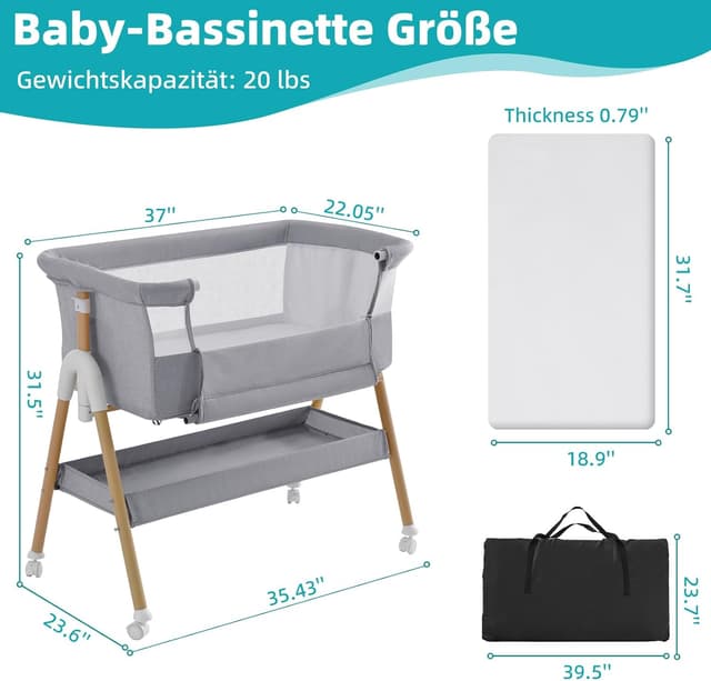 Thumbnail 5 de cozydwells 3‑in‑1 Beistellbettchen (Tragbares Reisebett) grau – höhen- und neigungsverstellbar mit 4 abschließbaren Rollen