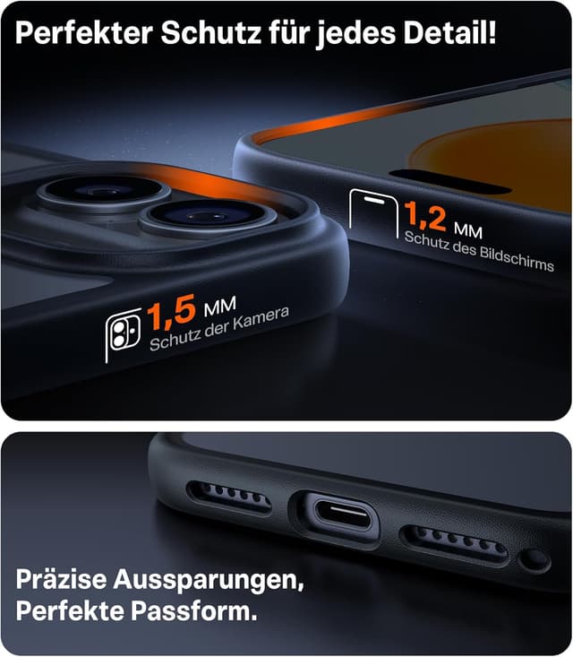 Detalle 2 de TORRAS Guardian Schutzhülle für iPhone 17 mit Kameratastenschutz – stoßfest, 9H+ kratzfest, transluzente Rückseite (matt schwarz)
