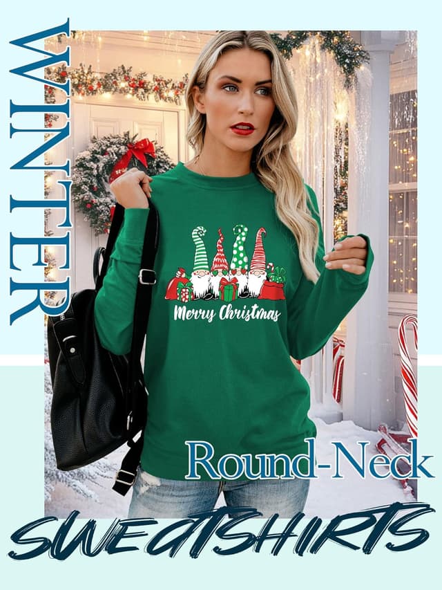 Detalle de Yihelian Damen-Weihnachtssweatshirt mit 3 Wichtel-Print – Rundhalsausschnitt