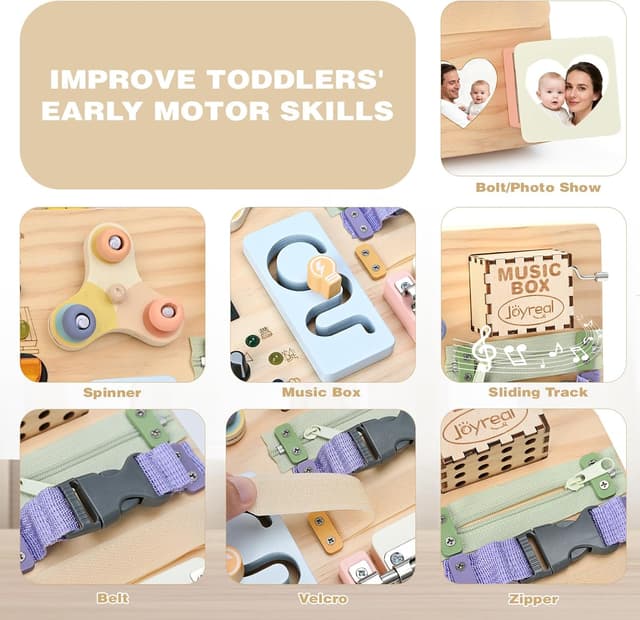 Detalle de Joyreal Montessori Busy Board 2-in-1 ab 1 Jahr – Holz Motorikspielzeug mit 20 LED-Lichtern