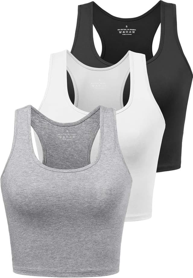 Detalle de Porvike Sports 3-Pack Women’s Crop Tank Tops (Racerback) in Cotton Blend