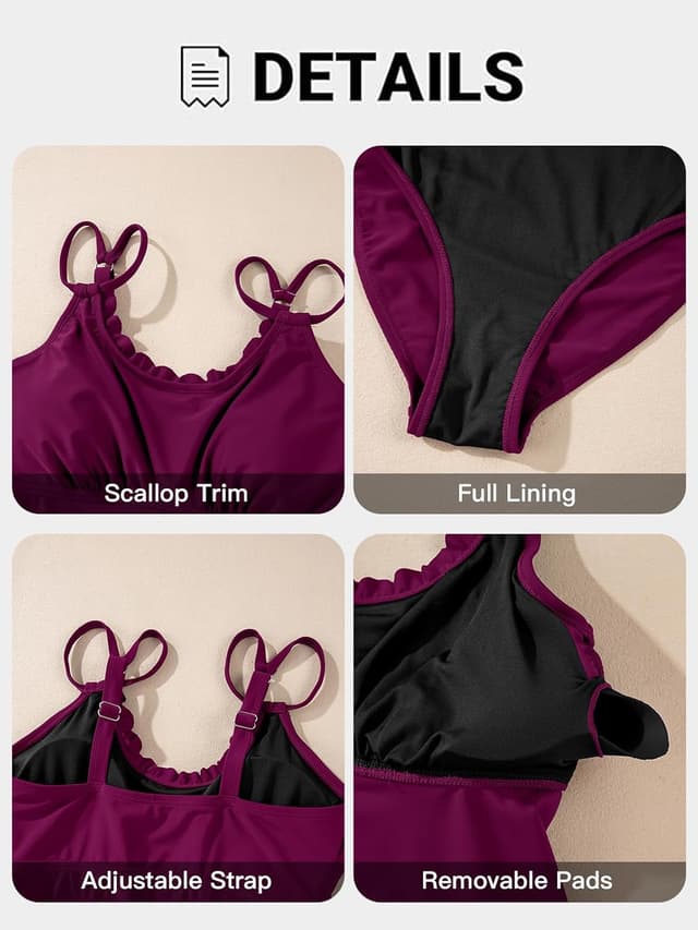 Detalle de Aleumdr Women’s Tankini Swimsuit Set with Tummy Control & Scallop Trim