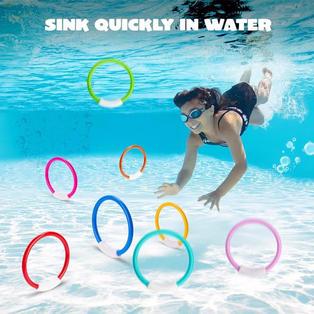 Detalle 2 de JOYIN Dive Rings set of 8 colourful swimming rings for kids (pool diving training toys)