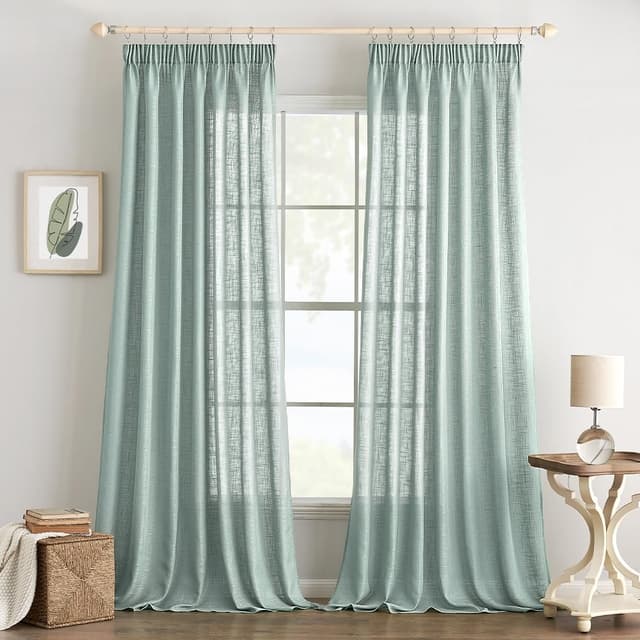 Detalle de EMEMA Leinenvorhang mit Kräuselband (Voile/Leinenoptik), halbtransparent, türkis – 140 x 215 cm, 2er-Set