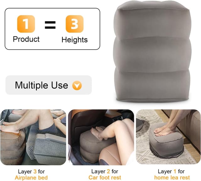 Detalle de Maliton Fußstütze Flugzeug – aufblasbares Fußstützen-Kissen höhenverstellbar für Reisen mit Kindern, 1 Stück (Grau)
