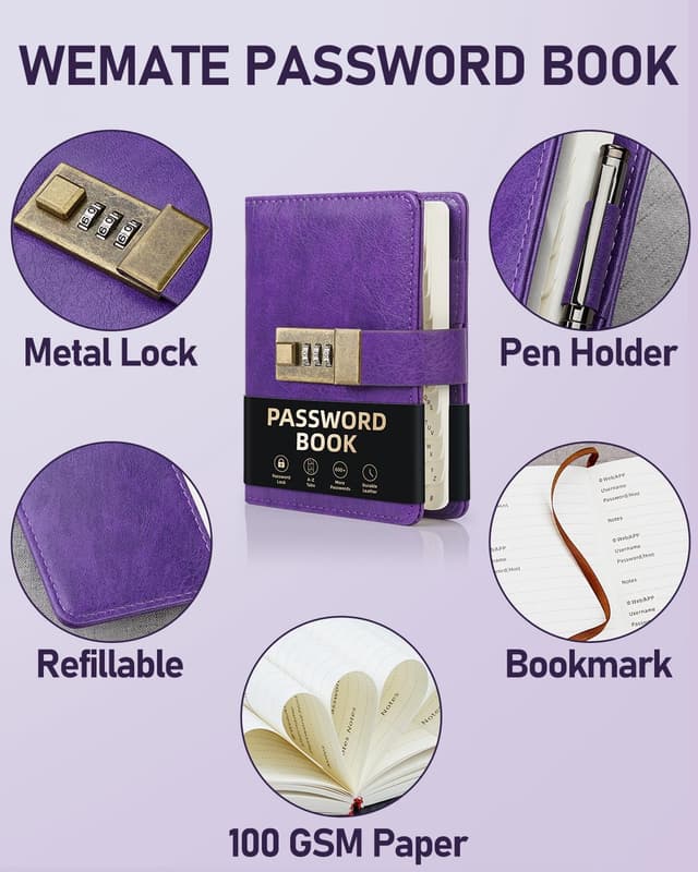 Detalle de WEMATE Passwortbuch mit Schloss (violett) – abschließbarer Passwort-Organizer mit alphabetischen Registern