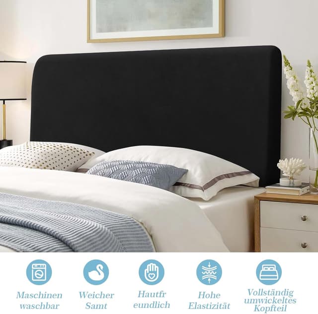 Detalle 2 de TAOCOCO Copri Testata Letto Matrimoniale in velour stretch nero, 180-200 cm