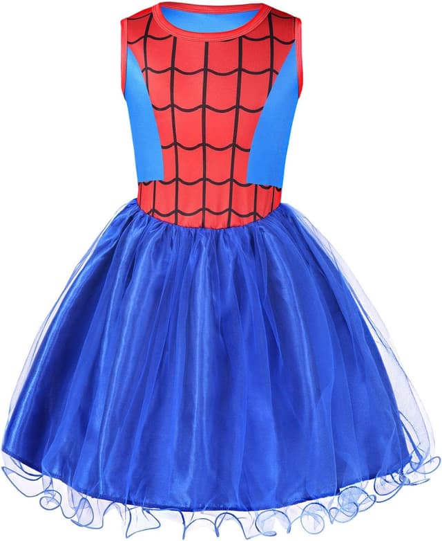 Detalle de Aomig Costume Supereroe Bambina: vestito Spider con maschere per Halloween, Carnevale e feste (Blu) 130CM