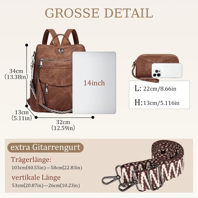 Detalle de LEASOUL Damen-Rucksack-Set wasserdicht aus veganem Leder – Diebstahlschutz & 3-in-1 (Rucksack/Handtasche/Schultertasche)