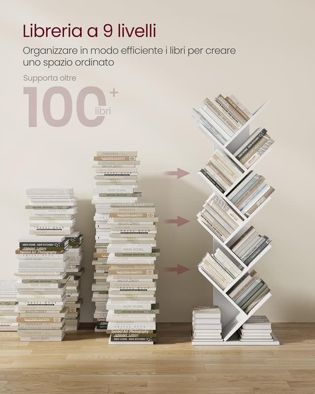 Detalle de VASAGLE Libreria verticale ad albero a 9 ripiani LBC11WTV1 bianco nuvola, salvaspazio per camera e studio