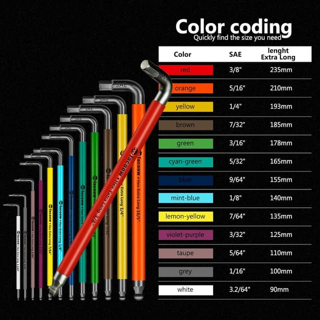 Detalle de Facoow Allen Wrenches Set (13pc) – full-size SAE hex keys with ball end, extra long arm & carry bag