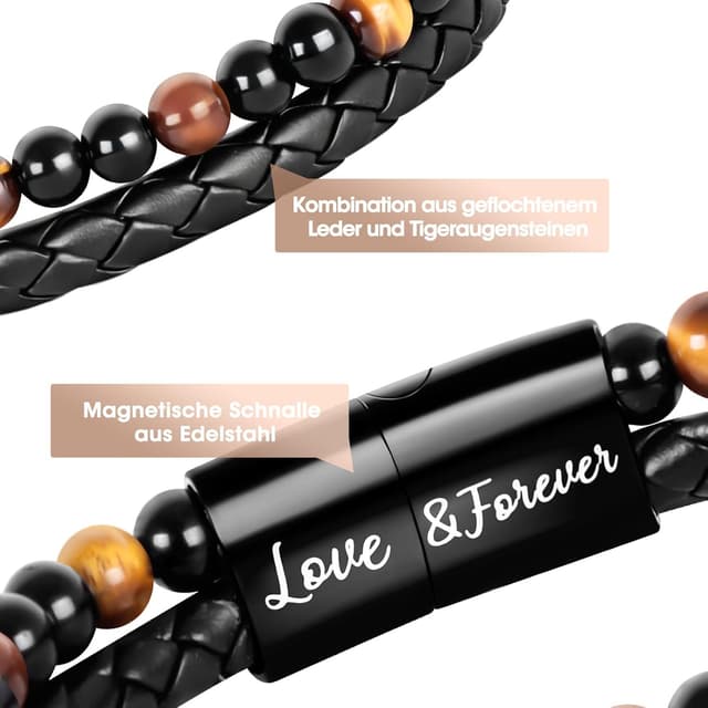Detalle 2 de Focxoio Herrenarmband mit Tigerauge-Perlen und Leder, magnetischer Edelstahlverschluss – Geschenk für Papa, Sohn, Bruder & mehr