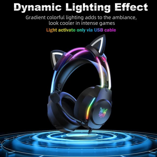 Detalle 2 de ONITOON gaming headset with removable cat ears, RGB backlight & microphone for PC, PS4/PS5, Switch and more