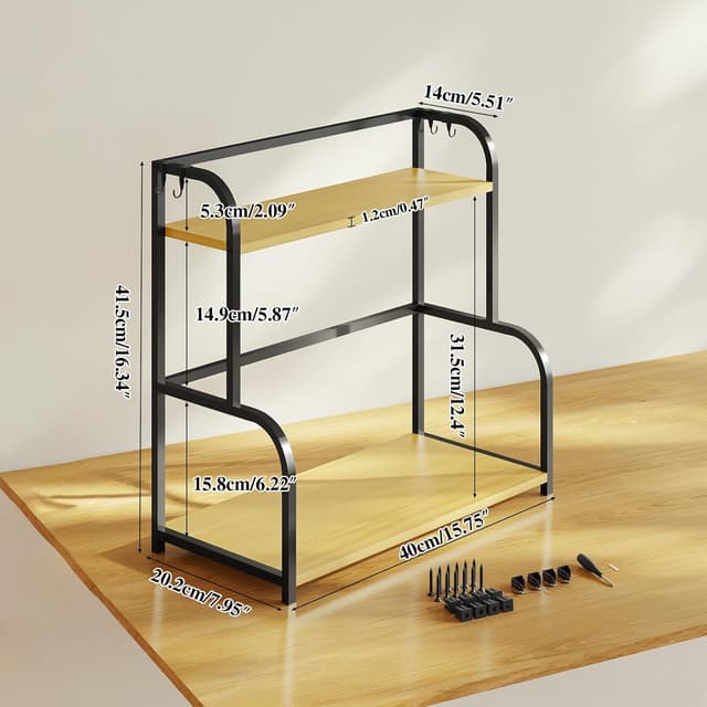 Detalle 2 de Kitchen Shelf Organiser Coffee Station – 2-Tier Black Wooden Countertop Spice Rack Storage Unit